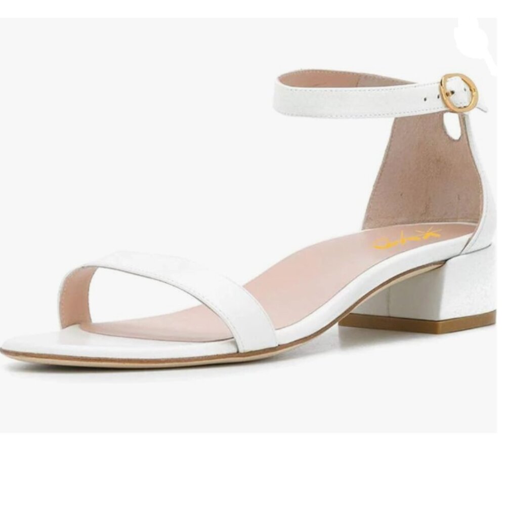 XYD White Open Toe Strappy Low Block Heel Sandal Ankle Strap Buckled Shoes - Picture 1 of 6